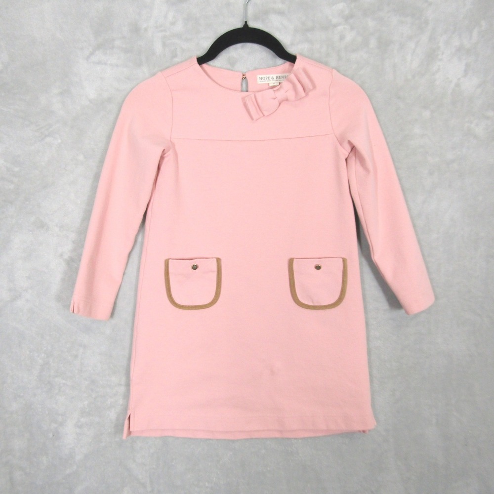 Hope & Henry Girls Sz 6 Pink Organic Cotton Shift Dress Bow Pockets Elbow Patch